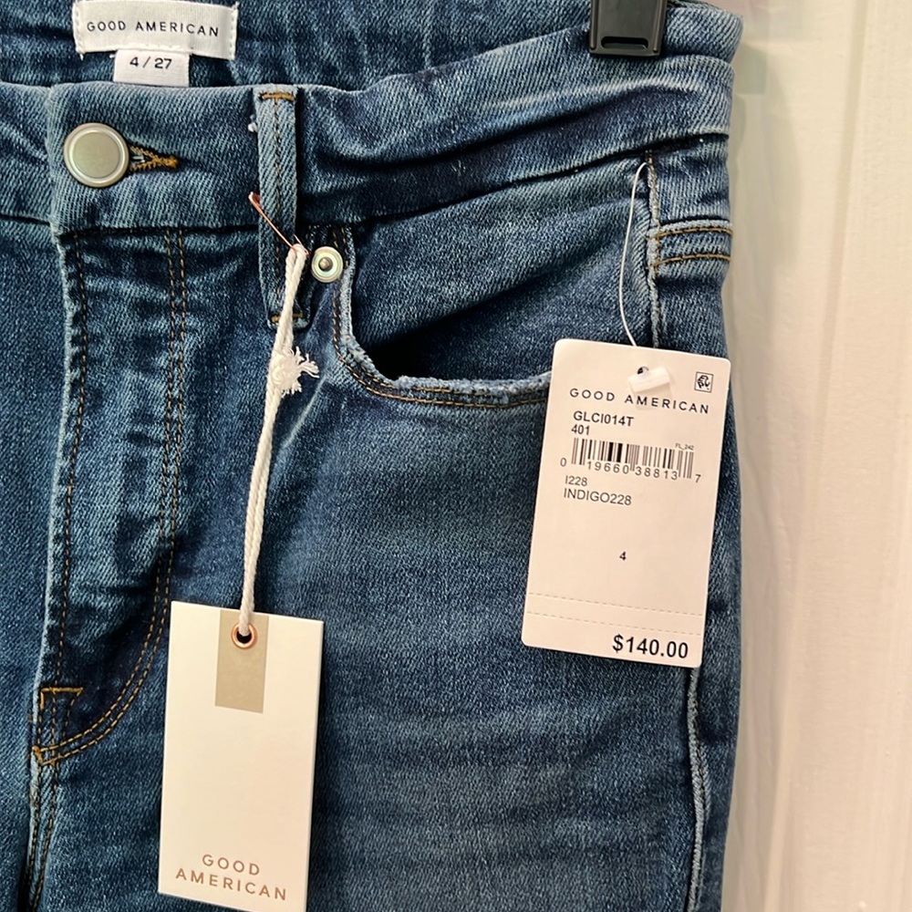 NEW GOOD AMERICAN GOOD LEGS STRAIGHT CROPPED DISTRESSED JEANS 27 (4) BLUE - Picture 3 of 11